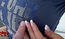 Outdoor gf sex in the garden, slutty chick with fake tits gets smacked from behind in doggystyle.