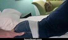 Blonde girlfriend performs doggystyle blowjob and swallows cum