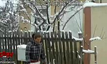 gal in clothes sucks cock outdoor and swallows