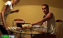 blonde girlfriend strips white pants to expose thong for sucking blowjob