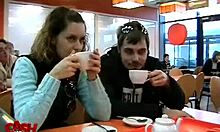 teeny brunette gives handjob to her black boyfriend in public