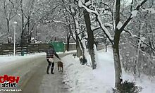 gal in clothes sucks cock outdoor and swallows