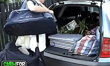 blonde girlfriend strips white pants to expose thong for sucking blowjob