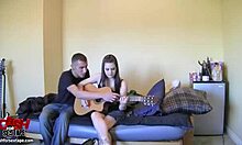 White pierced woman plays guitar outdoors before blowjob and cum in mouth.