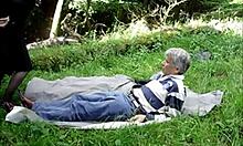 Mature grandpa gets his cock sucked outdoors in nature before doggystyle fucking.