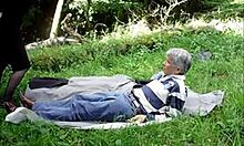 Mature grandpa gets his cock sucked outdoors in nature before doggystyle fucking.