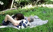 Mature grandpa gets his cock sucked outdoors in nature before doggystyle fucking.