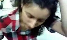 Horny curly brunette slut sucks big fat dong clothed in pov