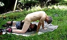 Mature grandpa gets his cock sucked outdoors in nature before doggystyle fucking.