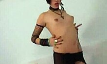 Punk Emo Brunette Touches Pierced Pussy in Pantyhose Solo