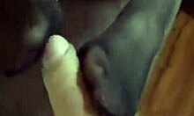 Does the dude drop a big load on his girlfriend's sexy feet?