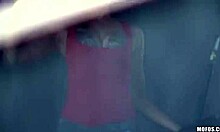 bitch with inked thigh pumping gas sucks big cock pov