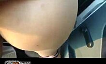 Brunette fucks asshole in public car POV