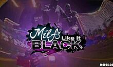 brunette in black dress meets ebony guy