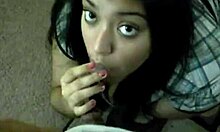 Cute Latino bitch slurps hard wang