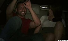 at the party, ebony cutie sucks two big cocks in car