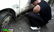 This slutty black-haired girlfriend gives a steamy blowjob in the bathroom. Then she gets fucked doggystyle in the car! 😏