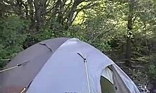 Brunette in brown jacket nailed hard in outdoor action