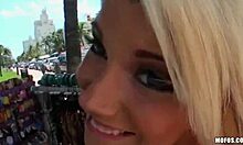 Gal with long blonde hair displays her tanned tits and asshole proudly