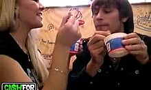 Hottie Sucks Off Hairy Bloke On Her Knees!