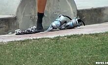 Wicked black-haired bimbo showing her upskirt in the public