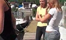 Perky-titted brunettes dive into beach lesbian threesome! 🌊😉