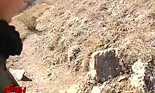 Brunette in brown jacket nailed hard in outdoor action