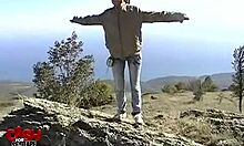 Brunette in brown jacket nailed hard in outdoor action