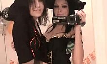 babe in halloween costume gets wild with another gal in 69