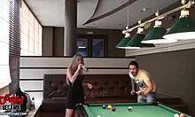 girl holds pool stick while flashing cunt in public pov blowjob scene