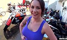 This bitch in jeans shorts washes bikes before getting fingered POV