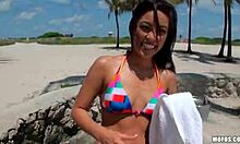 Pierced Princess in Colorful Bikini Walks on the Beach