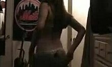 Curvy petite bimbo undresses in striptease, showing shaved pussy