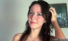 A hot brunette sucks a big cock and swallows cum