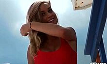 baywatch babe checks for drowning while fucking on beach