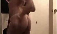 Curvy petite bimbo undresses in striptease, showing shaved pussy