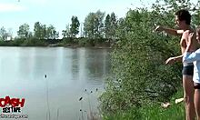 Hottie wearing white blouse performing outdoor oral sex!