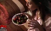 unbelievably stylish doll showing cute boobs near food