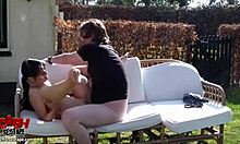 In the garden, my expensive GF FUCKS like a PROSTITUTE, sucking cock hard.