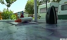 Young Brunette Model Shows Off Her Grey Lingerie Outdoors!