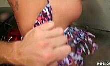 daring brunette flashes tits and sucks cock outdoor on scooter