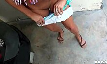 daring brunette flashes tits and sucks cock outdoor on scooter