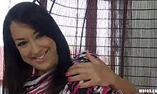 teeny slut moans wildly while masturbating her shaved pussy on bed!