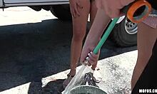 Teen girlfriends do sexy car wash fun