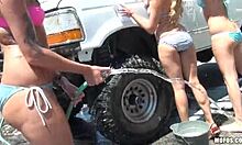Teen girlfriends do sexy car wash fun
