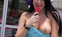 wow, this young gal flashes breasts on outdoor adventure