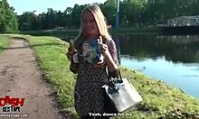 Blue-eyed brunette has oral and anal sex with public couple