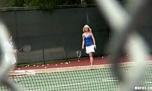 Naughty Tennis Instructor Teaching A Blowjob Lesson To A Blonde Student