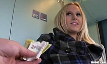 Blonde bimbo flashes massive breasts in outdoor pov fucking