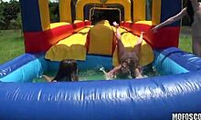 Two Brunette Whores Kissing And Getting Smacked At The Party While Sucking Cocks